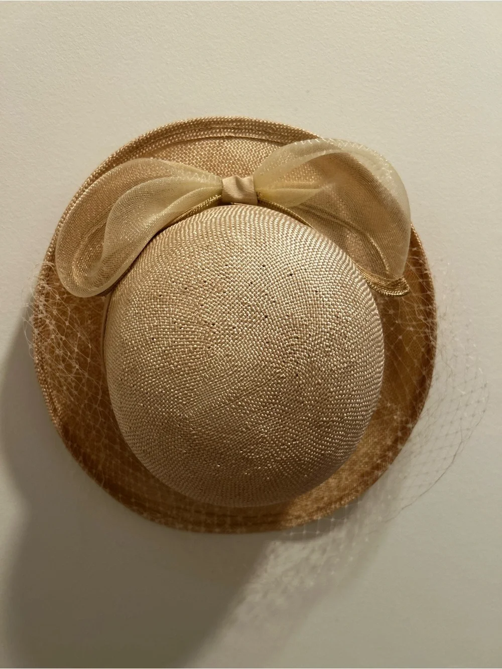 Vintage Style Straw Fascinator Hat with Organza Bow and Veil